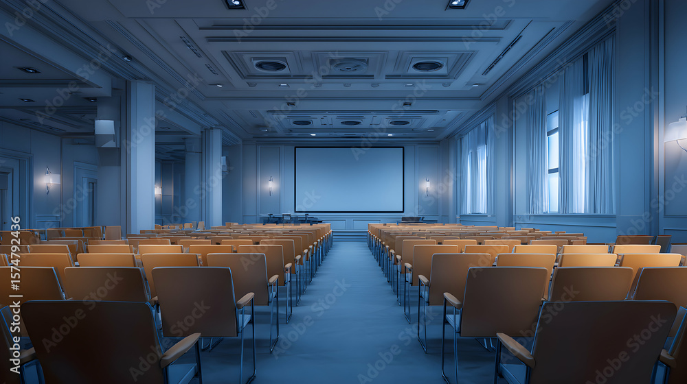 Serene conference venue showcasing symmetrical seating arrangement awaiting attendees presentations in an elegant and Serene conference venue showcasing symmetrical seating arrangement awaiting attendees presentations in an elegant and