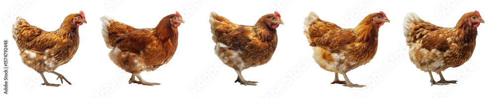 Fototapeta premium Brown hens standing and walking in various positions isolated on transparent background