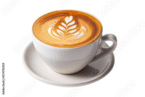 Top view of latte art coffee cup in white ceramic isolated on transparent background