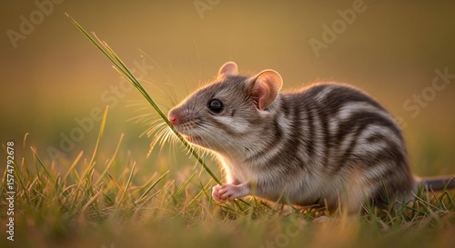 Striped Grass Mouse Portrait: Golden Hour Glow in Natural Habitat