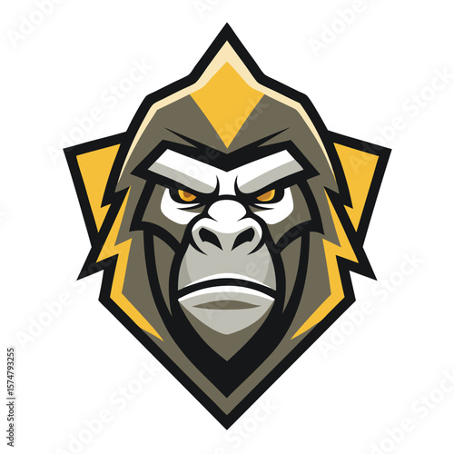 Gorilla head in gray and yellow shows intense golden eyes staring forward