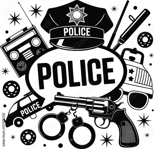 Police law enforcement illustration vector graphic design featuring police equipment and accessories
