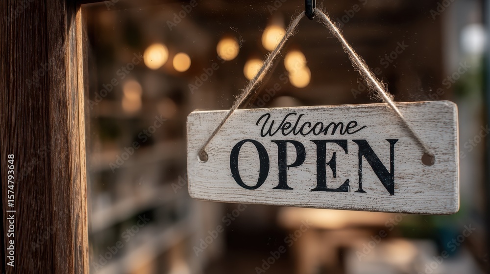 White wooden sign displaying 'Open' and 'Welcome' hangs on a cafe door White wooden sign displaying 'Open' and 'Welcome' hangs on a cafe door