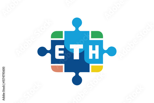 Colorful puzzle pieces form the letters eth