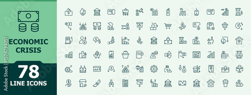Set of Economic Crisis line icon. Economic outline icons pack. Minimalist linear icons. Bankruptcy icon set. Editable stroke. Vector collection.