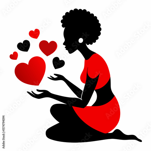 Black woman silhouette kneeling sending red hearts vector illustration