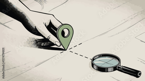 Hand placing location pin on map with magnifying glass, seeking direction and clarity