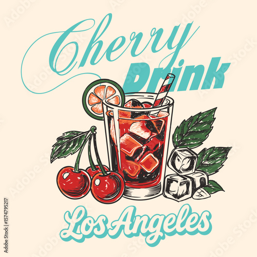 Cherry Drink . cherry t shirt design. t shirt design for t shirt print. food prints. summer girls artwork.  summer graphic tee. hand drawn cocktail poster for wall art or t-shirt graphic.