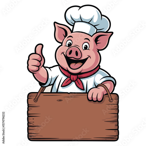 Happy chef pig giving a thumbs up holding a wooden sign