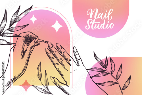 Nail studio, beauty salon banner, poster, flyer design. Woman paints nails with lacquer vector sketch illustration