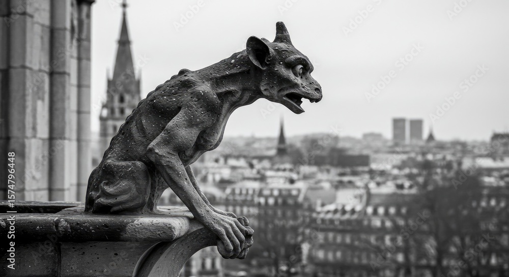 Naklejka premium A gargoyle statue overlooks a cityscape in black and white
