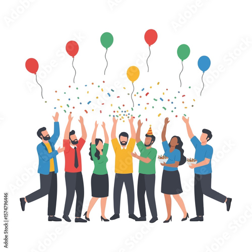 A team of diverse business people celebrates a fun concept, holding colorful balloons