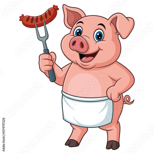 Happy cartoon pig wearing apron holding a sausage on a fork