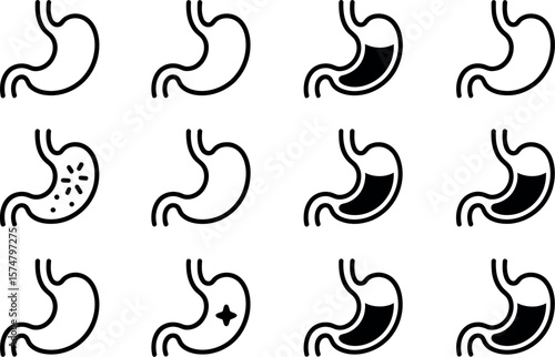 Vector Stomach Icons:  Medical, Digestive System, Black, White, Set