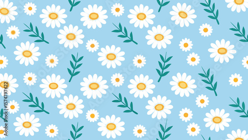 A light blue background with a pattern of white daisies and green leaves scattered randomly around it