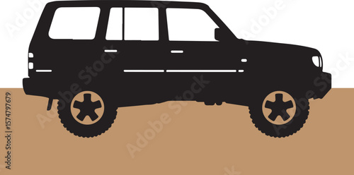 Silhouette of a black suv driving on brown terrain simple vector illustration