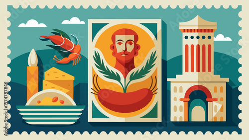 Vintage Mediterranean postage stamps vector – beach scenes, classic travel icons, seaside vacation art, retro coastal summer decor, Italian holiday print