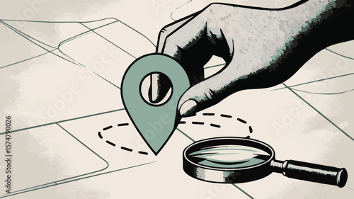 Hand placing map pin with magnifying glass for location, travel, and journey guidance