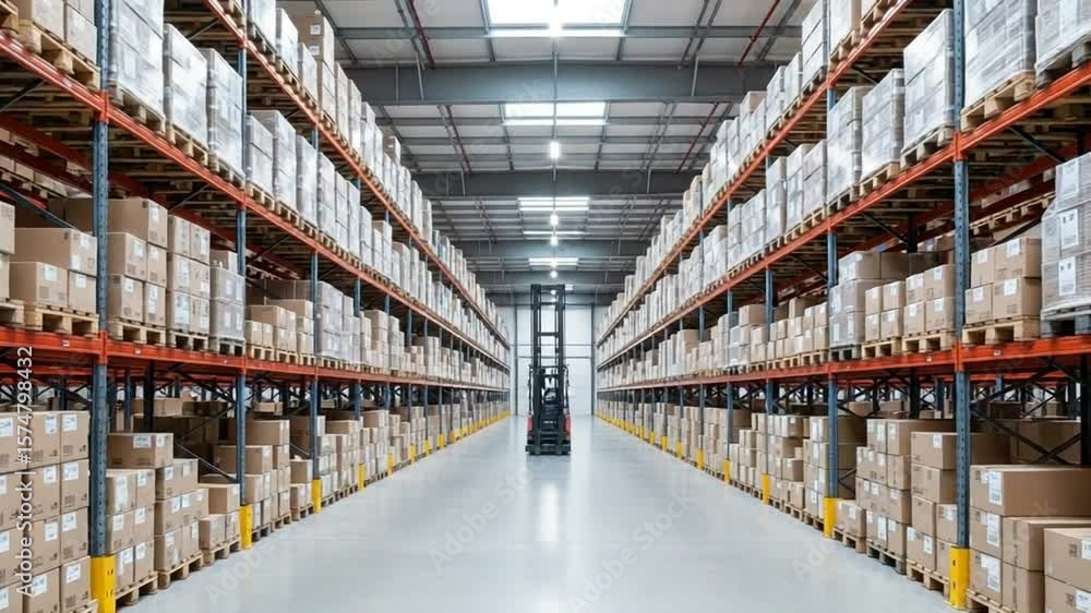 Forklift in Warehouse Aisle: Logistics Storage and Distribution Efficiency. Forklift in Warehouse Aisle: Logistics Storage and Distribution Efficiency.