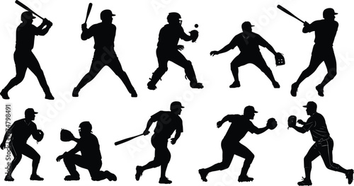 Black silhouettes of baseball players, various game positions, batter, pitcher, catcher, infielder, outfielder, training, dynamic, athletic.