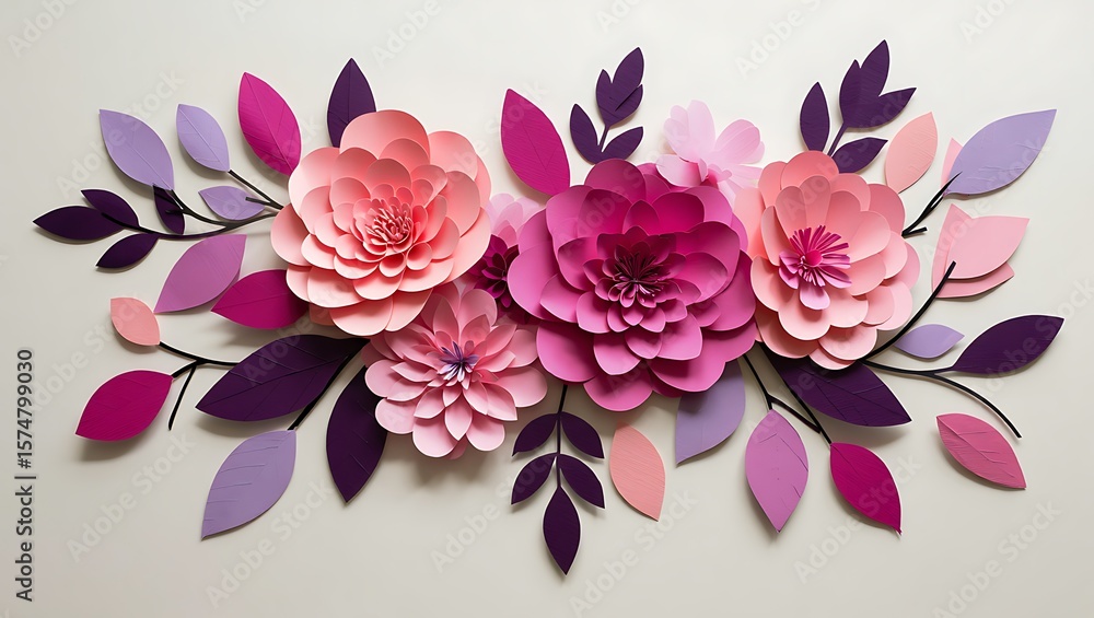 Fototapeta premium Paper Flower Arrangement with Pink and Purple Tones, Colorful Paper Cut Floral Display for Background