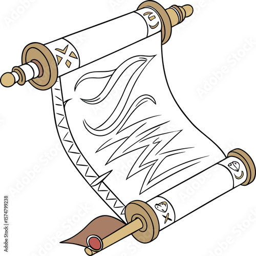 Antique golden parchment manuscript scroll with aged blank paper, a vintage medieval design element