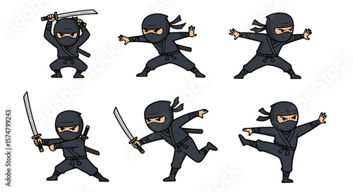  Cartoon Ninja Character Poses with Swords and Combat Actions. Set of 6 cartoon ninja poses in black/grey: various combat stances and sword actions. Ideal for martial arts, Japanese culture, and actio