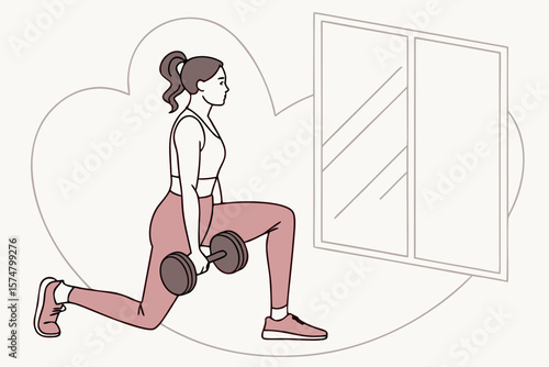 Fit woman doing Bulgarian split squats with weight at gym, ideal for strength, training, or fitness promotions.