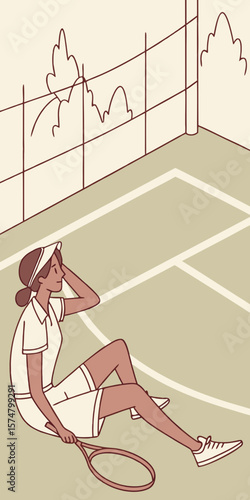 Tired sportswoman resting on court, ideal for fitness, endurance, or outdoor training promotions.
