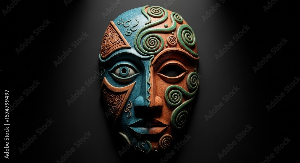 Naklejka premium Intricate Dual-Faced Mask with Teal and Terracotta Design