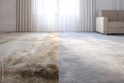 Modern living space with dirty and clean carpet comparison concept