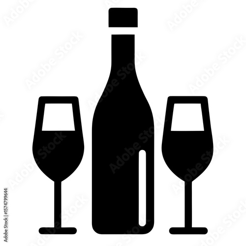 vector icon of a wine bottle and two glasses
