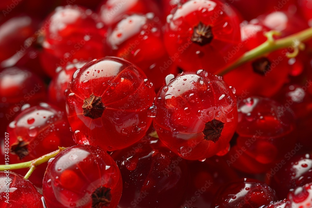 Fototapeta premium Macro photograph showcasing the glistening texture of fresh red currants coated in water droplets