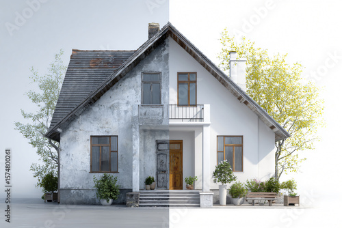 Old house renovation shown in dramatic before and after transformation image