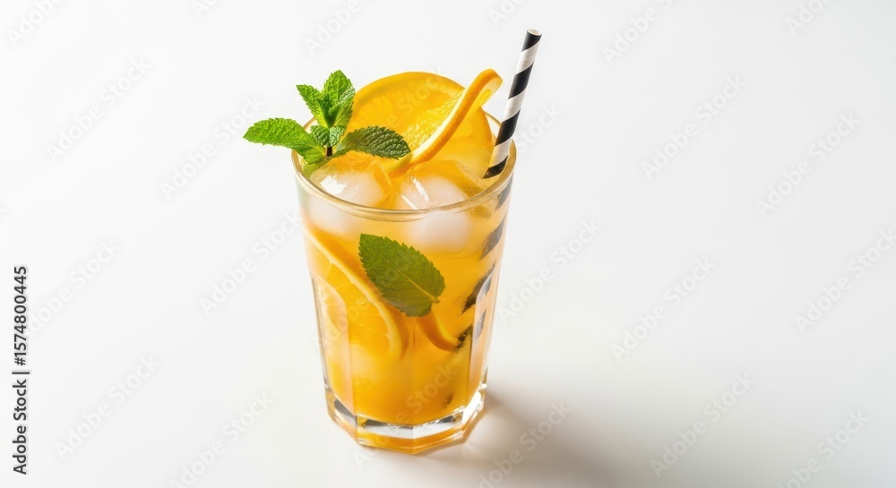 A refreshing orange cocktail with ice, mint, and a straw, isolated on white background A refreshing orange cocktail with ice, mint, and a straw, isolated on white background