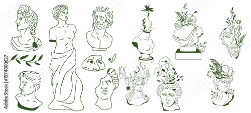 Floral ancient Greek male and female statues isolated clip art bundle, antique sculptures with flowers black white line figures, hand drawn women bust with botanical bouquet 