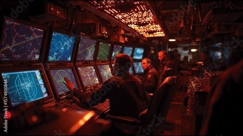 Command center interior showing multiple radar screens and operators monitoring airspace and sea traffic — dark, moody, glowing interface