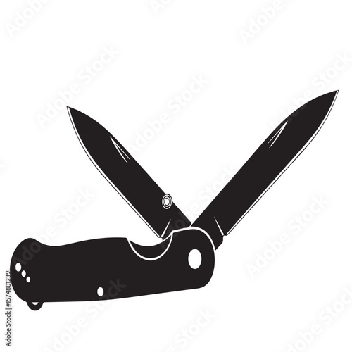 Black and white drawing of a clasp knife with two blades open, vector illustration.