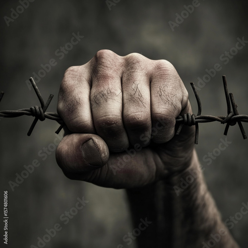 man expressing determination holding barbed wire on dark background