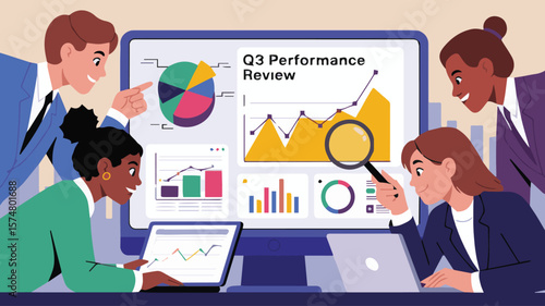 Dynamic team analyzing Q3 performance data charts with magnifying glass for strategic insights