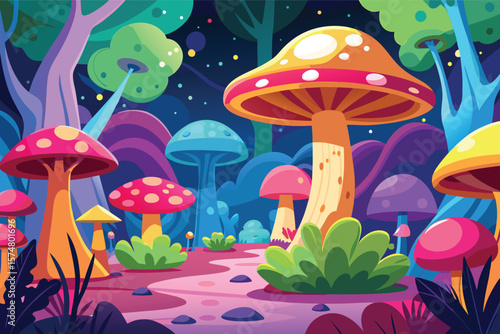 Vibrant fantasy mushroom forest at night