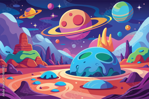 Vibrant alien landscape with ringed planets and strange flora