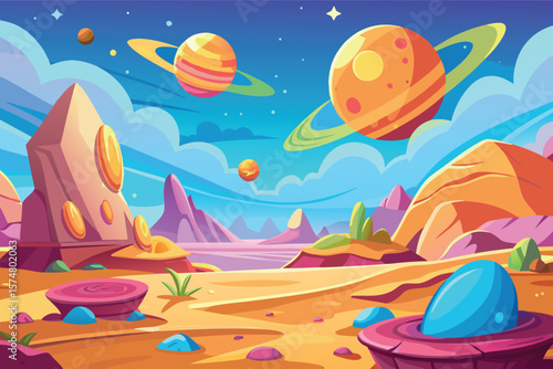Vibrant alien landscape with ringed planets and crystalline formations