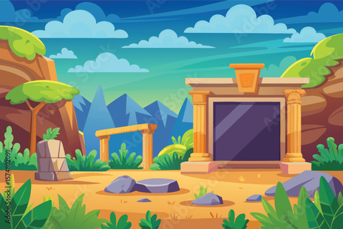 Ancient ruins entrance in a stylized landscape