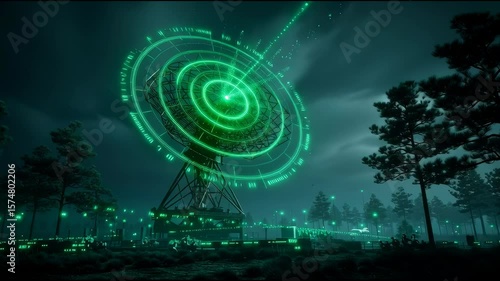 Military radar station scanning the night sky with glowing green radar circles and digital data overlay — futuristic defense technology