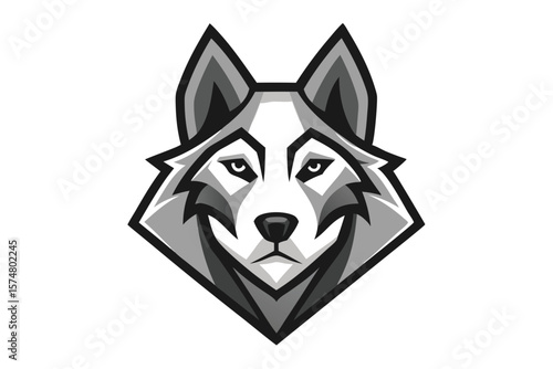 Intense wolf head stares forward with angular gray and white geometric shapes comprising the composition