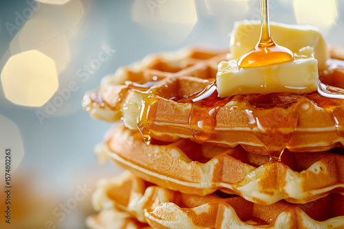 Stack of waffles with honey and butter on a blurred background