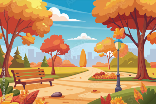 Peaceful park scene with autumn trees and a city skyline