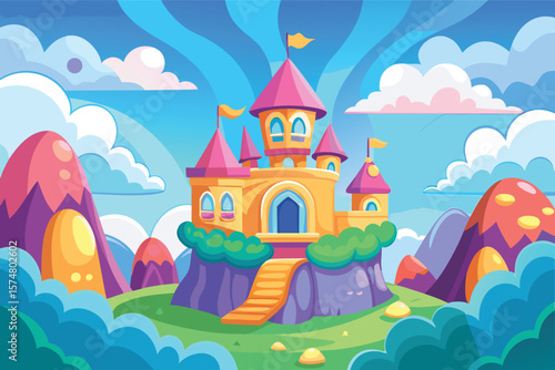 Whimsical fantasy castle in a colorful dreamlike landscape