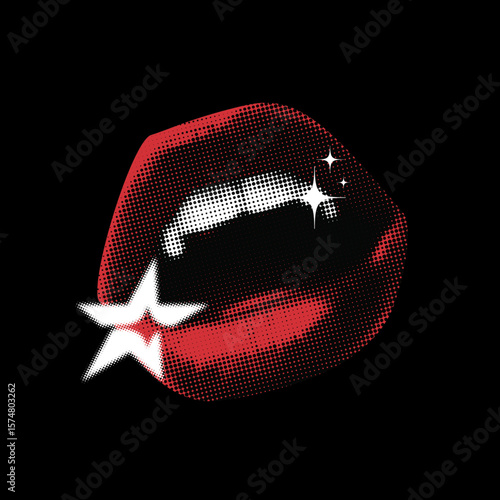 Lips and mouth in a scream with monochrome photocopy effect, an Emotional lips set of a female open seductive mouth with lip makeup.